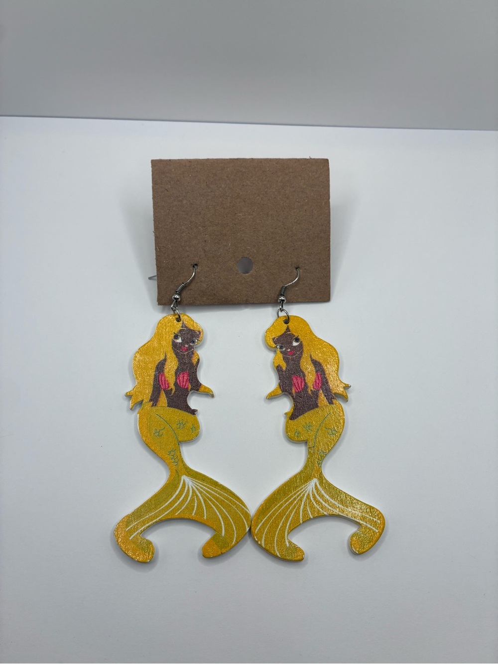 New Summer Dangling Yellow Plastic Faux Wood Blonde Mermaid Earrings 3 Inches